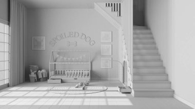 Tamamen beyaz proje taslağı, evcil hayvanlara ayrılmış modern alan, köpek odası iç tasarımı. Pencere, parmak izleriyle dekore edilmiş merdiven, köpek kulübesi, yastıklı köpek yatağı, oyuncak halı.