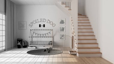 Mimari iç mimar konsepti: ev hayvanları ve köpek odasına ayrılmış gerçek, modern bir alan haline gelen el çizimi tamamlanmamış proje. Pencere, merdiven, yastıklı köpek yatağı, halı.