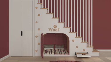 Evcil hayvan dostu iç tasarım, kırmızı tonlu ahşap merdiven, evcil hayvanlara adanmış modern alan. Kapı ve yastıklı köpek kulübesi, şekerli çekmece ve su kasesi, gardırop. Köpek odası.