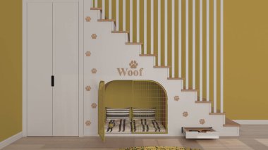 Evcil hayvan dostu iç tasarım, sarı tonlu ahşap merdiven, evcil hayvanlara adanmış modern alan. Kapı ve yastıklı köpek kulübesi, şekerli çekmece ve su kasesi, gardırop. Köpek odası.
