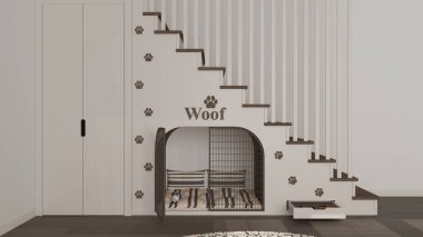 Evcil hayvan dostu iç tasarım, koyu ahşap tonlarda ahşap merdiven, evcil hayvanlara adanmış modern alan. Kapı ve yastıklı köpek kulübesi, şekerli çekmece ve su kasesi, gardırop. Köpek odası.