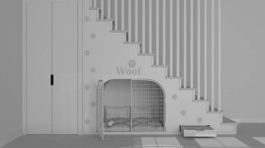 Tamamen beyaz proje taslağı, evcil hayvan dostu iç tasarım, ahşap merdiven, evcil hayvanlara adanmış modern alan. Kapı ve yastıklı köpek kulübesi, şeker kaseli çekmece, gardırop. Köpek odası.