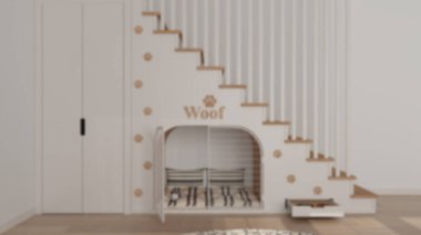 Bulanık arka plan, evcil hayvan dostu iç tasarım, ahşap merdiven, evcil hayvanlara adanmış modern alan. Kapı ve yastıklı köpek kulübesi, şekerli çekmece ve su kasesi, gardırop. Köpek odası.