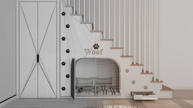 Mimar iç mimar konsepti: ev hayvanlarına ayrılmış merdiven, merdiven, gerçek hale gelen el çizimi tamamlanmamış proje. Kapısı olan bir kulübe, kasesi olan bir çekmece. Köpek odası.