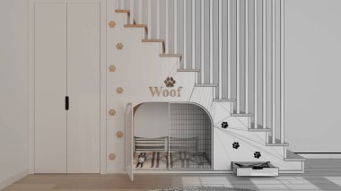 Mimar iç mimar konsepti: ev hayvanlarına ayrılmış merdiven, merdiven, gerçek hale gelen el çizimi tamamlanmamış proje. Kapısı olan bir kulübe, kasesi olan bir çekmece. Köpek odası.