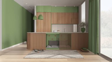 Hayvan dostu ahşap ve yeşil mutfak. Evcil hayvanlara ayrılmış bir yer, yastıklı ve oyuncaklı mobilyaların içinde bir köpek yatağı. Halı, ikram kasesi, perdeli büyük bir pencere, parke. İç tasarım