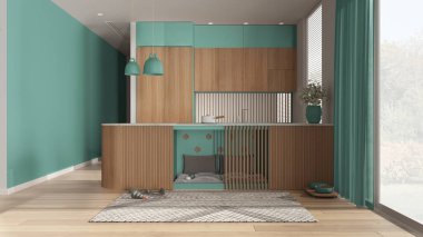 Evcil hayvan dostu ahşap ve turkuaz mutfak. Evcil hayvanlara ayrılmış bir yer, yastıklı ve oyuncaklı mobilyaların içinde bir köpek yatağı. Halı, ikram kasesi, perdeli büyük pencere, parke. İç tasarım