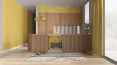 Evcil hayvan dostu ahşap ve sarı mutfak. Evcil hayvanlara ayrılmış bir yer, yastıklı ve oyuncaklı mobilyaların içinde bir köpek yatağı. Halı, ikram kasesi, perdeli büyük bir pencere, parke. İç tasarım