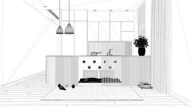 Proje taslağı, evcil hayvan dostu mutfak. Evcil hayvanlara ayrılmış bir yer, yastıklı ve oyuncaklı mobilyaların içinde bir köpek yatağı. Halı, ikram kasesi, pencere, perdeler, parke. İç tasarım