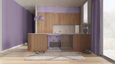 Evcil hayvan dostu ahşap ve mor mutfak. Evcil hayvanlara ayrılmış bir yer, yastıklı ve oyuncaklı mobilyaların içinde bir köpek yatağı. Halı, ikram kasesi, perdeli büyük bir pencere, parke. İç tasarım