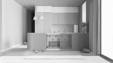 Tamamen beyaz proje taslağı, evcil hayvan dostu mutfak. Evcil hayvanlara ayrılmış bir yer, yastıklı ve oyuncaklı mobilyaların içinde bir köpek yatağı. Halı, ikram kasesi, pencere, perdeler, parke. İç tasarım