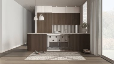 Evcil hayvan dostu koyu ahşap mutfak. Evcil hayvanlara ayrılmış bir yer, yastıklı ve oyuncaklı mobilyaların içinde bir köpek yatağı. Halı, ikram kasesi, perdeli büyük bir pencere, parke. İç tasarım