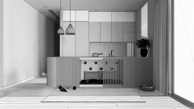 Bitmemiş proje taslağı, evcil hayvan dostu mutfak. Evcil hayvanlara ayrılmış bir yer, yastıklı ve oyuncaklı mobilyaların içinde bir köpek yatağı. Halı, ikram kasesi, pencere, perdeler, parke. İç tasarım