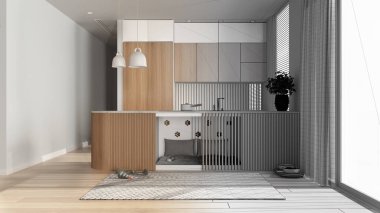 Mimar iç mimar konsepti: elle çizilmiş tamamlanmamış taslak proje gerçeğe dönüşüyor, hayvan dostu mutfak. Yastık ve oyuncaklarla mobilyaların içinde bir köpek yatağı. Halı, ikram kasesi.