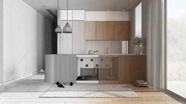 Mimar iç mimar konsepti: elle çizilmiş tamamlanmamış taslak proje gerçeğe dönüşüyor, hayvan dostu mutfak. Yastık ve oyuncaklarla mobilyaların içinde bir köpek yatağı. Halı, ikram kasesi.