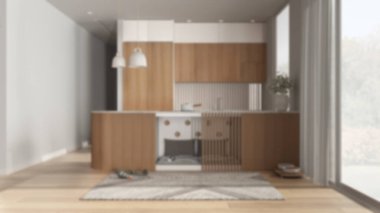 Bulanık arka plan, evcil hayvan dostu mutfak. Evcil hayvanlara ayrılmış bir yer, yastıklı ve oyuncaklı mobilyaların içinde bir köpek yatağı. Halı, ikram kasesi, perdeli büyük bir pencere, parke. İç tasarım