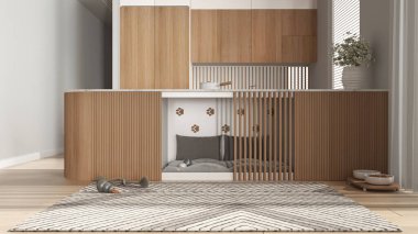 Evcil hayvanlara ayrılmış alan, köpek dostu ahşap ve beyaz mutfak. Yastıklı ve oyuncaklı dolapların içindeki köpek yatağı. Halı, ikram kasesi, perdeli büyük bir pencere, parke. İç tasarım