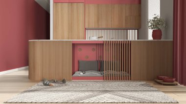 Evcil hayvanlara ayrılmış alan, köpek dostu ahşap ve kırmızı mutfak. Yastıklı ve oyuncaklı dolapların içindeki köpek yatağı. Halı, ikram kasesi, perdeli büyük bir pencere, parke. İç tasarım