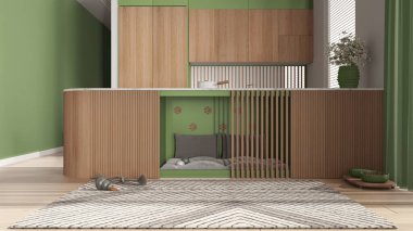 Evcil hayvanlara ayrılmış alan, köpek dostu ahşap ve yeşil mutfak. Yastıklı ve oyuncaklı dolapların içindeki köpek yatağı. Halı, ikram kasesi, perdeli büyük bir pencere, parke. İç tasarım