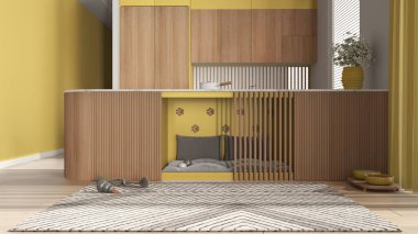 Evcil hayvanlara ayrılmış alan, köpek dostu ahşap ve sarı mutfak. Yastıklı ve oyuncaklı dolapların içindeki köpek yatağı. Halı, ikram kasesi, perdeli büyük bir pencere, parke. İç tasarım