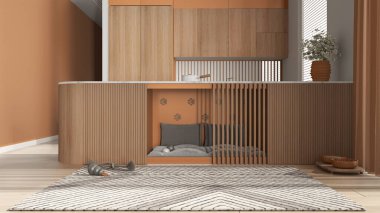 Evcil hayvanlara ayrılmış alan, köpek dostu ahşap ve turuncu mutfak. Yastıklı ve oyuncaklı dolapların içindeki köpek yatağı. Halı, ikram kasesi, perdeli büyük bir pencere, parke. İç tasarım