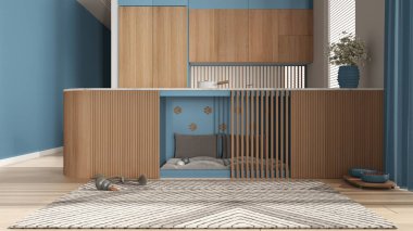 Evcil hayvanlara ayrılmış alan, köpek dostu ahşap ve mavi mutfak. Yastıklı ve oyuncaklı dolapların içindeki köpek yatağı. Halı, ikram kasesi, perdeli büyük bir pencere, parke. İç tasarım