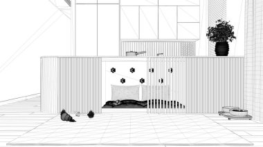 Proje taslağı, evcil hayvanlara ayrılmış alan, köpek dostu mutfak. Dolapların, yastıkların ve oyuncakların içindeki köpek yatağı. Halı, ikram kasesi, perdeli pencere, parke. İç tasarım