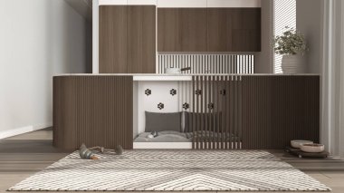 Evcil hayvanlara ayrılmış alan, köpek dostu ahşap ve karanlık mutfak. Yastıklı ve oyuncaklı dolapların içindeki köpek yatağı. Halı, ikram kasesi, perdeli büyük bir pencere, parke. İç tasarım