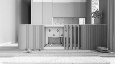 Tamamen beyaz proje taslağı, evcil hayvanlara ayrılmış alan, köpek dostu mutfak. Dolapların, yastıkların ve oyuncakların içindeki köpek yatağı. Halı, ikram kasesi, perdeli pencere, parke. İç tasarım