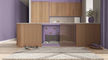 Evcil hayvanlara ayrılmış alan, köpek dostu ahşap ve mor mutfak. Yastıklı ve oyuncaklı dolapların içindeki köpek yatağı. Halı, ikram kasesi, perdeli büyük bir pencere, parke. İç tasarım