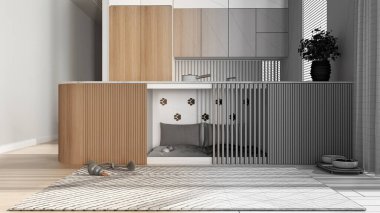 Mimar iç mimar konsepti: elle çizilmiş tamamlanmamış taslak proje gerçeğe dönüşüyor, köpek dostu mutfak. Yastıklı ve oyuncaklı dolapların içindeki köpek yatağı. Halı, ikram kasesi.