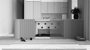 Bitmemiş proje taslağı, evcil hayvanlara ayrılmış alan, köpek dostu mutfak. Dolapların, yastıkların ve oyuncakların içindeki köpek yatağı. Halı, ikram kasesi, perdeli pencere, parke. İç tasarım