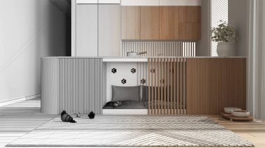 Mimar iç mimar konsepti: elle çizilmiş tamamlanmamış taslak proje gerçeğe dönüşüyor, köpek dostu mutfak. Yastıklı ve oyuncaklı dolapların içindeki köpek yatağı. Halı, ikram kasesi.