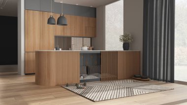 Gri tonlu modern ahşap mutfak, evcil hayvanlara ayrılmış köpek dostu alan. Yastıklı ve oyuncaklı dolapların içindeki köpek yatağı. Perdeli pencereler, halı, ikram kasesi. İç tasarım fikri