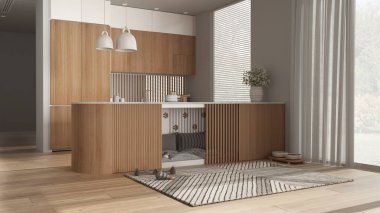 Beyaz tonlarda modern ahşap mutfak, evcil hayvanlara ayrılmış köpek dostu alan. Yastıklı ve oyuncaklı dolapların içindeki köpek yatağı. Perdeli pencereler, halı, ikram kasesi. İç tasarım fikri