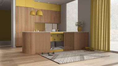 Sarı tonlu modern ahşap mutfak, evcil hayvanlara ayrılmış köpek dostu alan. Yastıklı ve oyuncaklı dolapların içindeki köpek yatağı. Perdeli pencereler, halı, ikram kasesi. İç tasarım