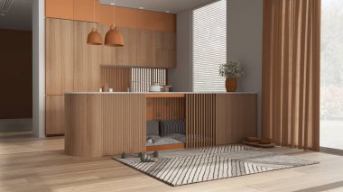 Turuncu tonlu modern ahşap mutfak, evcil hayvanlara ayrılmış köpek dostu alan. Yastıklı ve oyuncaklı dolapların içindeki köpek yatağı. Perdeli pencereler, halı, ikram kasesi. İç tasarım