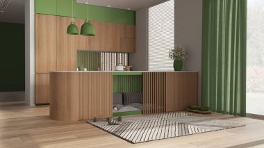 Yeşil tonda modern ahşap mutfak, evcil hayvanlara ayrılmış köpek dostu alan. Yastıklı ve oyuncaklı dolapların içindeki köpek yatağı. Perdeli pencereler, halı, ikram kasesi. İç tasarım fikri