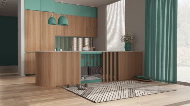 Turkuaz tonlarda modern ahşap mutfak, evcil hayvanlara ayrılmış köpek dostu alan. Yastıklı ve oyuncaklı dolapların içindeki köpek yatağı. Perdeli pencereler, halı, ikram kasesi. İç tasarım