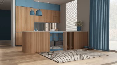 Mavi tonda modern ahşap mutfak, evcil hayvanlara ayrılmış köpek dostu alan. Yastıklı ve oyuncaklı dolapların içindeki köpek yatağı. Perdeli pencereler, halı, ikram kasesi. İç tasarım fikri