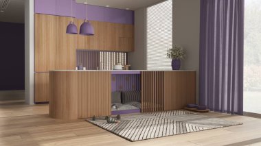 Mor tonlarda modern ahşap mutfak, evcil hayvanlara ayrılmış köpek dostu alan. Yastıklı ve oyuncaklı dolapların içindeki köpek yatağı. Perdeli pencereler, halı, ikram kasesi. İç tasarım