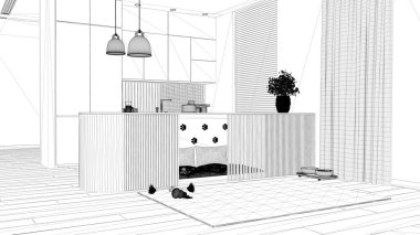 Blueprint project draft, modern kitchen, dog friendly space devoted to pets.Dog bed inside cabinets with pillows and toys. Windows with curtains, carpet, treat bowl. Interior design