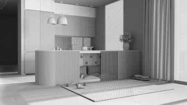 Tamamen beyaz proje taslağı, modern mutfak, evcil hayvanlara ayrılmış köpek dostu alan. Yastıklı ve oyuncaklı dolapların içindeki köpek yatağı. Perdeli pencereler, halı, ikram kasesi. İç tasarım