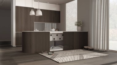 Modern karanlık ahşap mutfak, köpek dostu ev hayvanları için ayrılmış alan. Yastıklı ve oyuncaklı dolapların içindeki köpek yatağı. Perdeli pencereler, halı, ikram kasesi. İç tasarım fikri