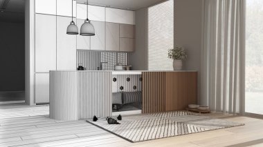 Mimari iç mimar konsepti: tamamlanmamış el yapımı taslak proje gerçeğe dönüşüyor, mutfak, evcil hayvanlara ayrılmış köpek dostu alan. Yastıklı ve oyuncaklı köpek yatağı