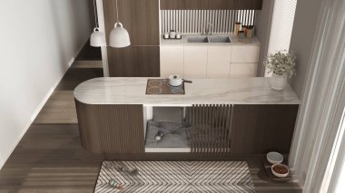 Köpek dostu koyu ahşap mutfak. Yumuşak yastıkları ve oyuncakları olan mobilyaların içindeki köpek yatağı, evcil hayvanlara ayrılmış bir alan. Halı, ikram kasesi, parke. İç tasarım fikri, üst görünüm, yukarıda