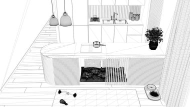 Proje taslağı, köpek dostu mutfak. Mobilyaların ve oyuncakların içindeki köpek yatağı, evcil hayvanlara ayrılmış bir alan. Halı, ikram kasesi, parke. İç tasarım, üst görünüm, yukarıda