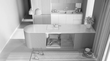 Tamamen beyaz proje taslağı, köpek dostu mutfak. Mobilyaların ve oyuncakların içindeki köpek yatağı, evcil hayvanlara ayrılmış bir alan. Halı, ikram kasesi, parke. İç tasarım, üst görünüm, yukarıda