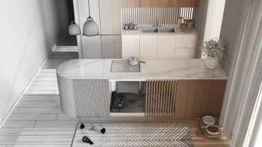 Mimar iç mimar konsepti: elle çizilmiş tamamlanmamış taslak proje gerçeğe dönüşüyor, köpek dostu mutfak. Mobilyaların içindeki köpek yatağı, evcil hayvanlara ayrılmış alan. Üst görünüm, yukarıda