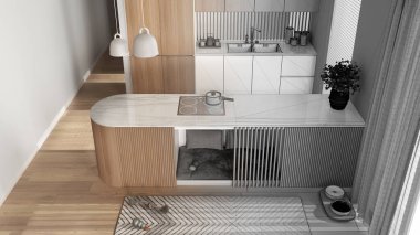 Mimar iç mimar konsepti: elle çizilmiş tamamlanmamış taslak proje gerçeğe dönüşüyor, köpek dostu mutfak. Mobilyaların içindeki köpek yatağı, evcil hayvanlara ayrılmış alan. Üst görünüm, yukarıda